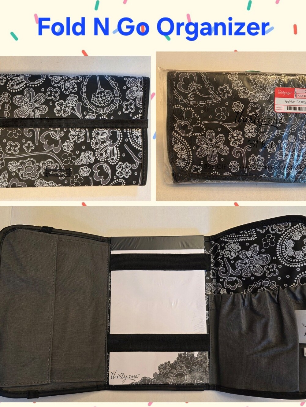 Thirty-One NWT Fold-n-Go Black Paisley Parade Pattern PadFolio with Notepad